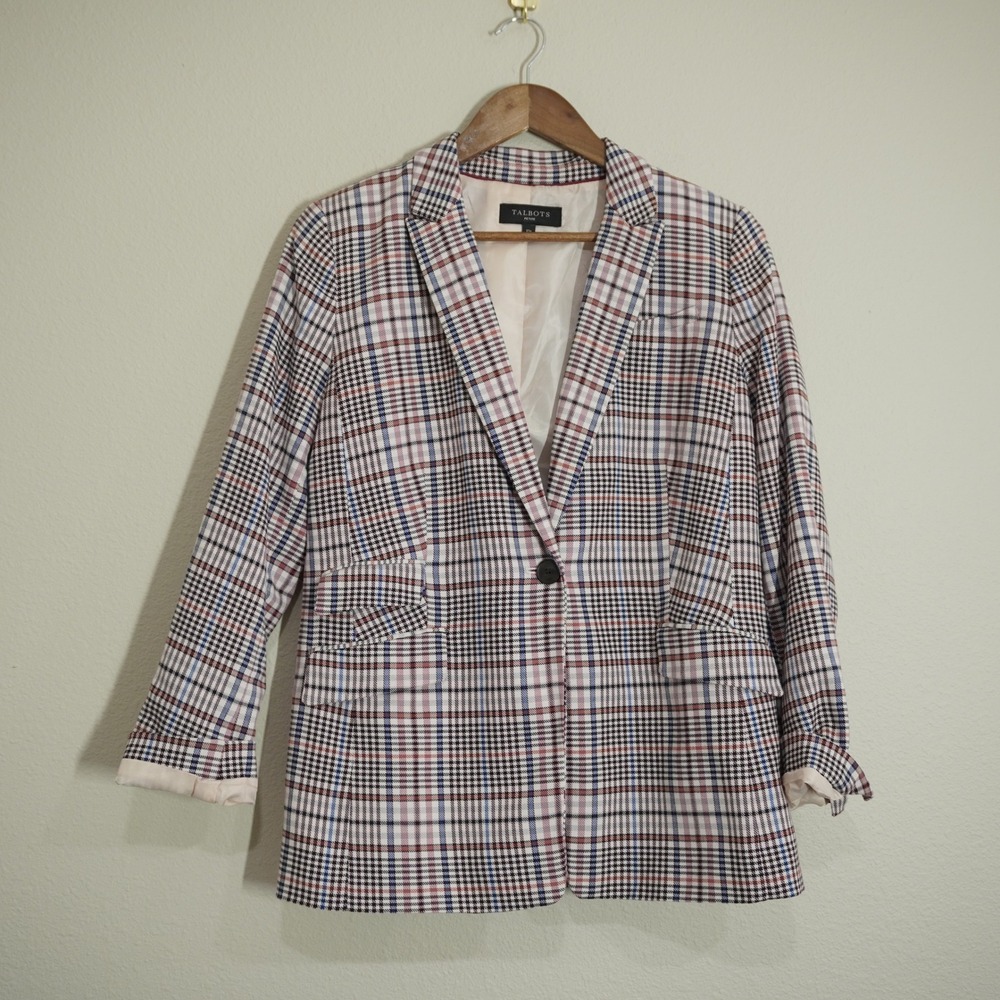 Talbots Blazer Size 10 Petite Multicolor Plaid Cotton Blend Academia Collegiate